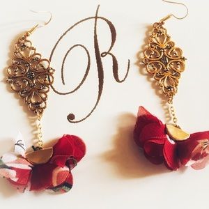 Multicolor Red and Gold Dangly Flowered Earrings